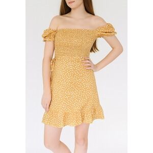 SHEIN Womens Yellow Polka Dot Off Shoulder‎ Ruffle Midi Dress Smocked Small